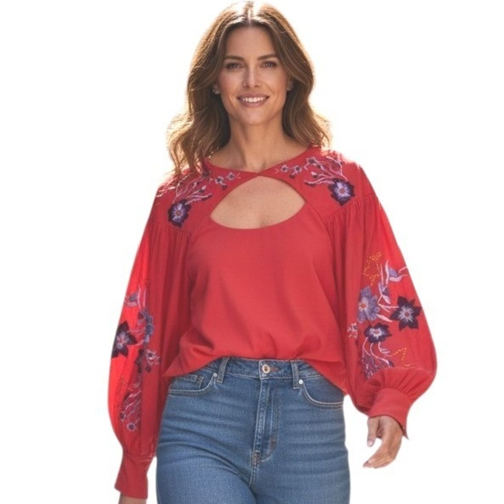 Free People Lita Embroidered Floral Womens size Medium‎ Ballon Sleeve Cutout Top